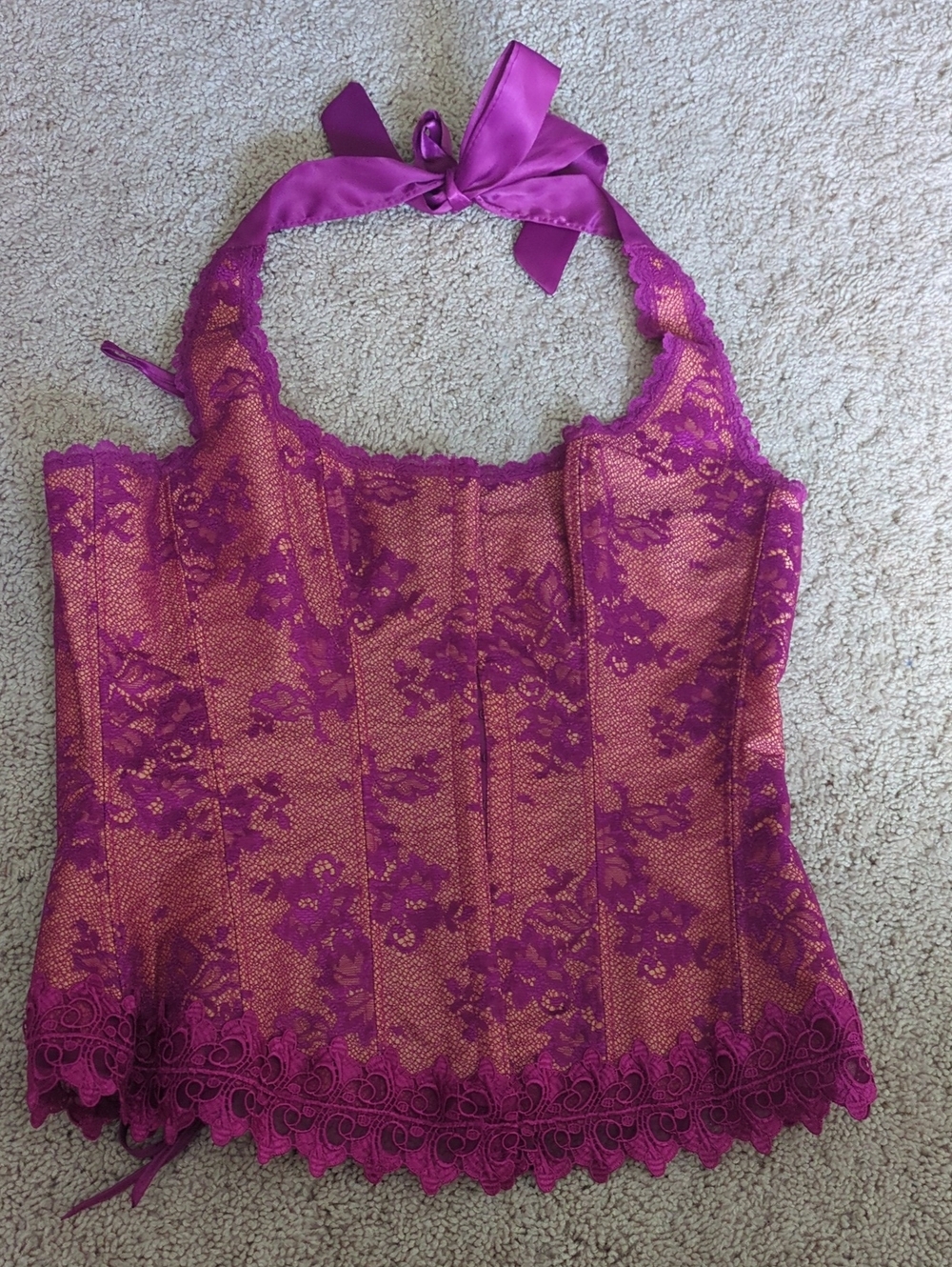 Frederick's of Hollywood Fuchsia Lace Halter Corset Top